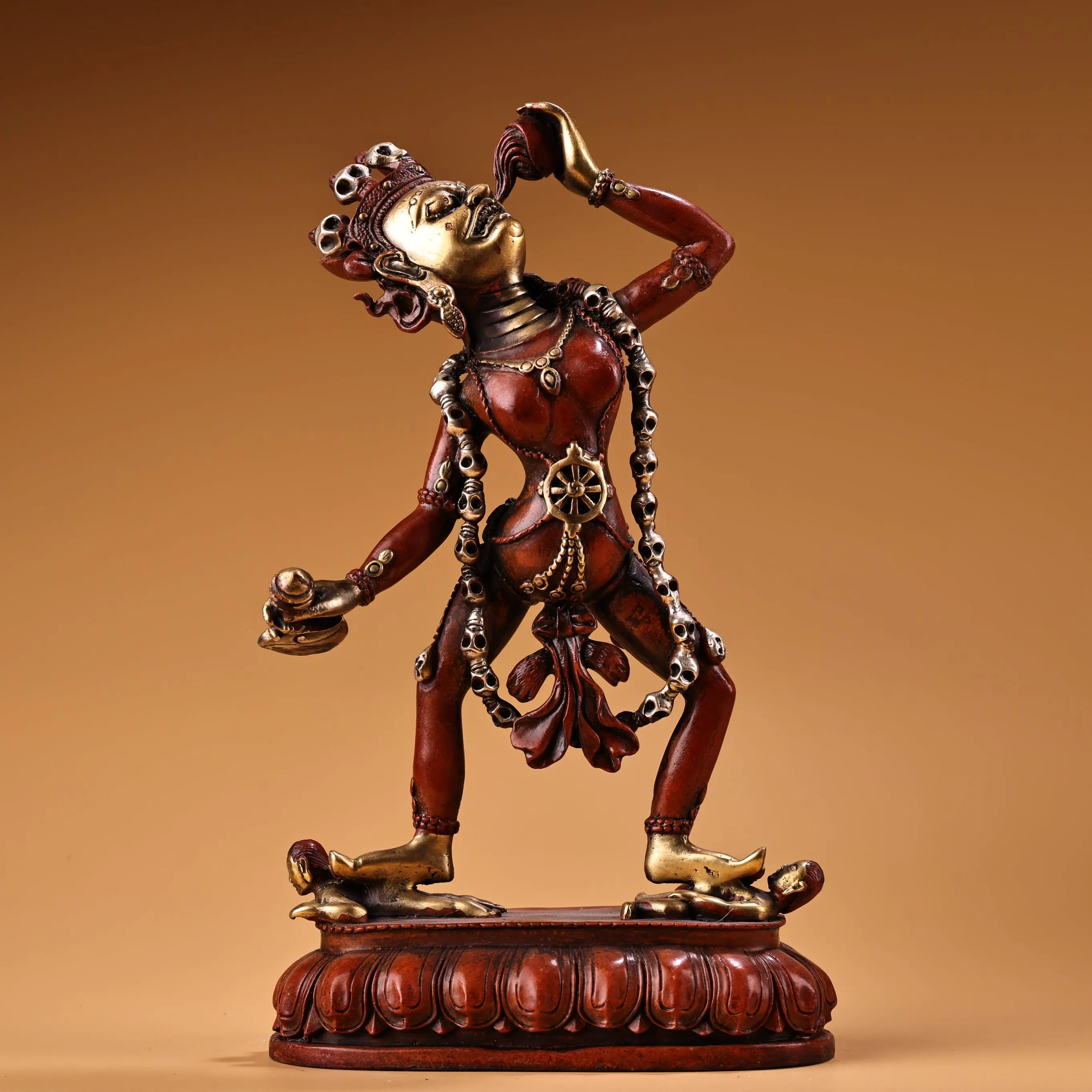 

10"Tibetan Temple Collection Old Bronze High Relief Gilded Real Gold Dakini Standing Buddha Lotus Terrace Worship Hall