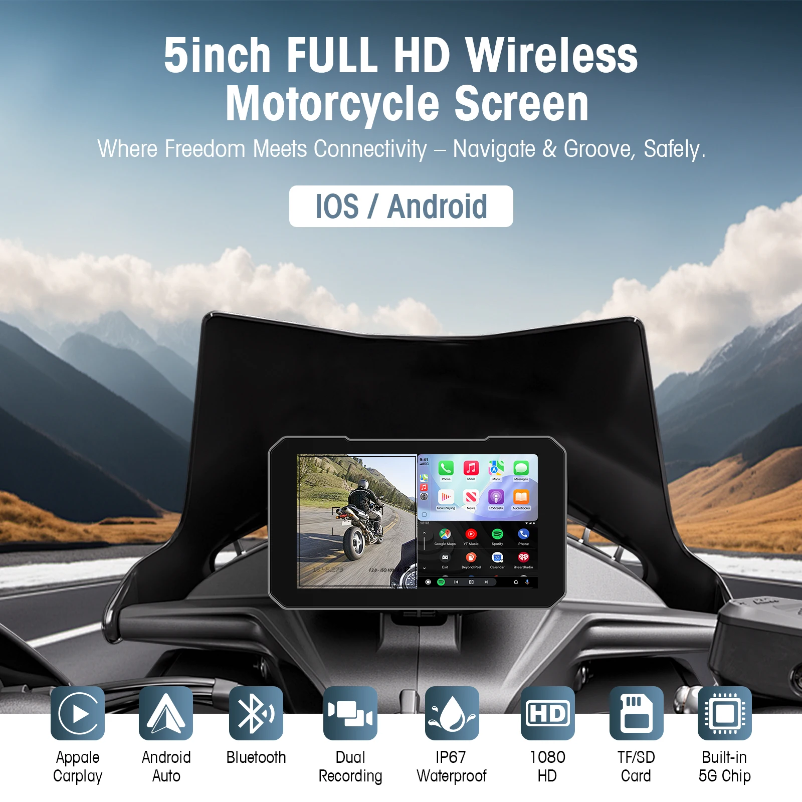 HD 5 Inch Touch Screen Motorcycle CarPlay Screen Support Dual Camera Record with Wireless CarPlay & Android Auto IP67 Waterproof