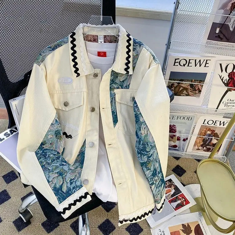 

Retro American Embroidered Patchwork Work Jaet Loose Casual Collar Couple Sle Cotton ort Sve V-ne Men's Coat