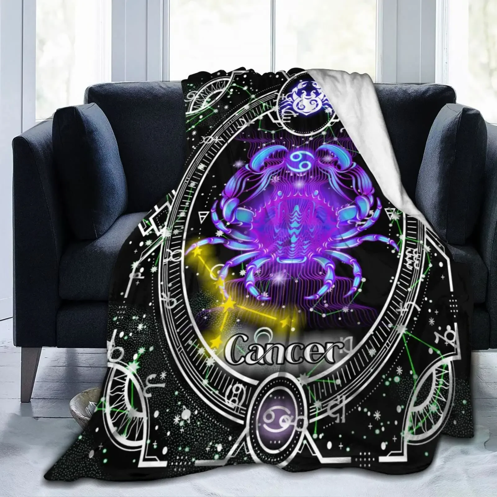 Cartoon Cancer Birthday Blanket Constellations Throw Blankets Soft Horoscope Astrology Flannel Throw Blanket Zodiac Sign for Bed