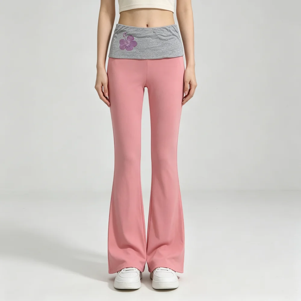 Fold Over High Waist Floral Rhinestone Flare Pants Slim Bell Bottom Trousers Streetwear Daily Yoga Casual Outfit For Young Women