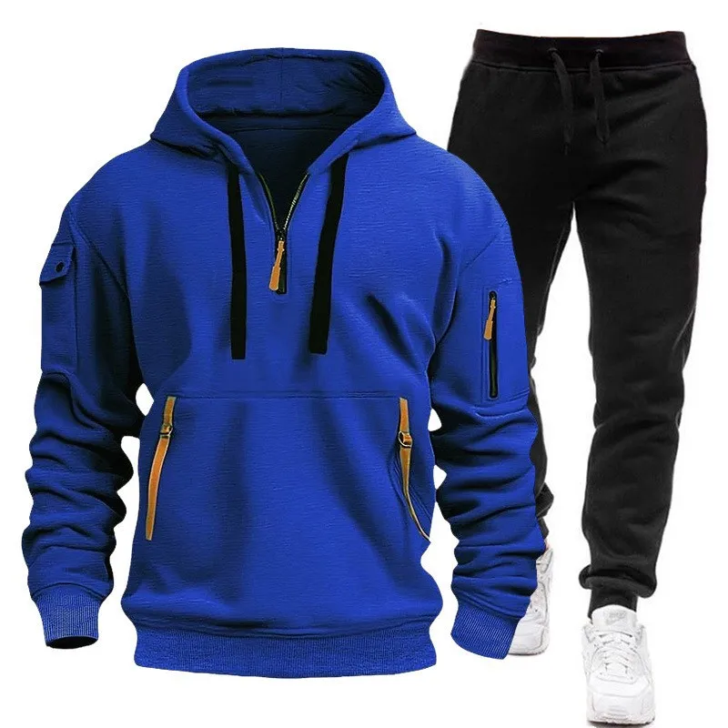 2025 Men's new winter hip hop motorcycle thickened hoodie set solid color zipper pocket top