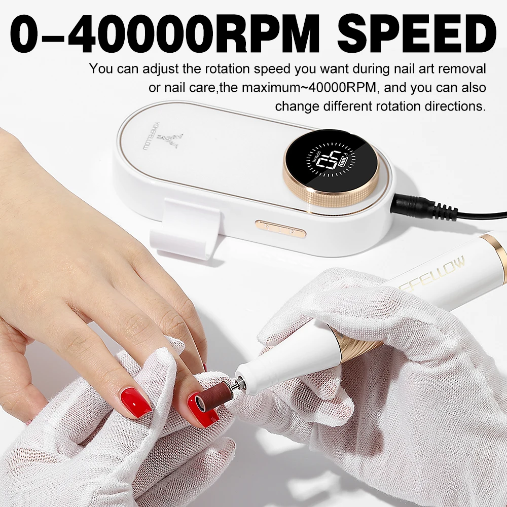 YOKEFELLOW Electric Nail Sander 40000RPM Rechargeable Nail Drill Machine with HD Display for Manicure Pedicure for Salon Use