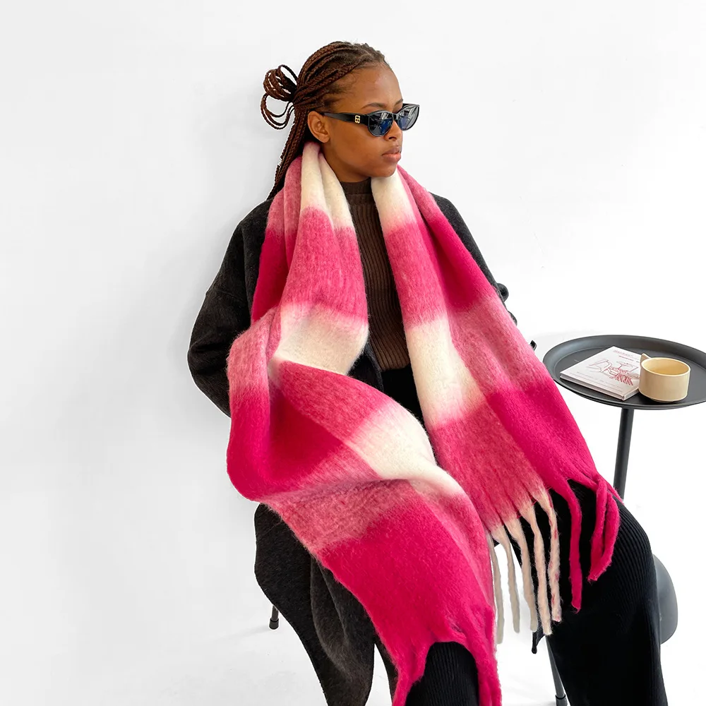 

Большой длинный шарф для женщин, осенне-зимний утолщенный плюшевый мохеровый двухцветный клетчатый милый шарф, красочный