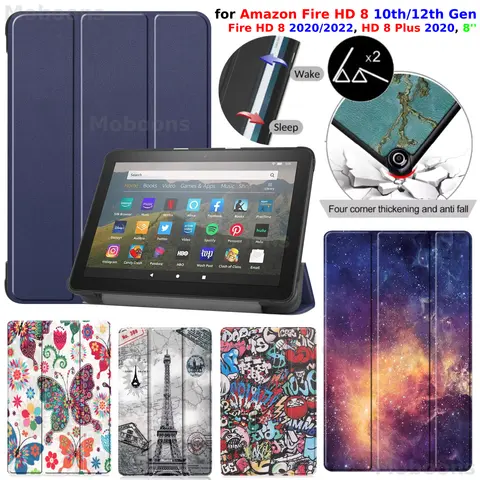 Para amazon fire hd 8 caso 10th 12th gen 2020 2022 hd 8 plus 8 ''suporte de couro do plutônio capa sono/wake à prova de choque kindle fire funda