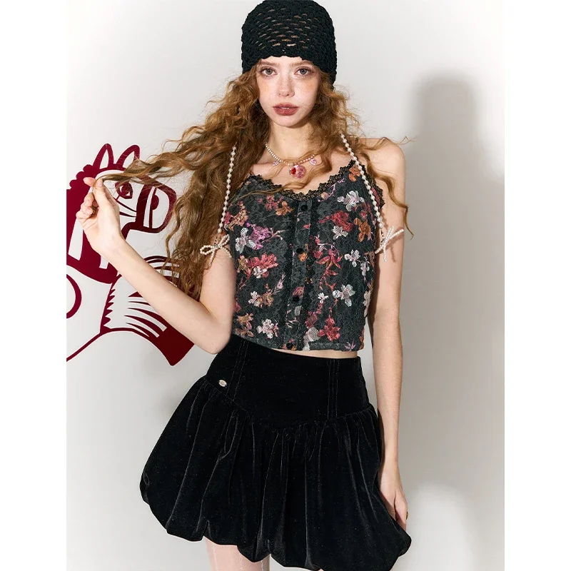 ELFSACK Y2K Sweet Casual Spring Summer Velvet Floral Graphic Lace Trim Bustier Slip Top