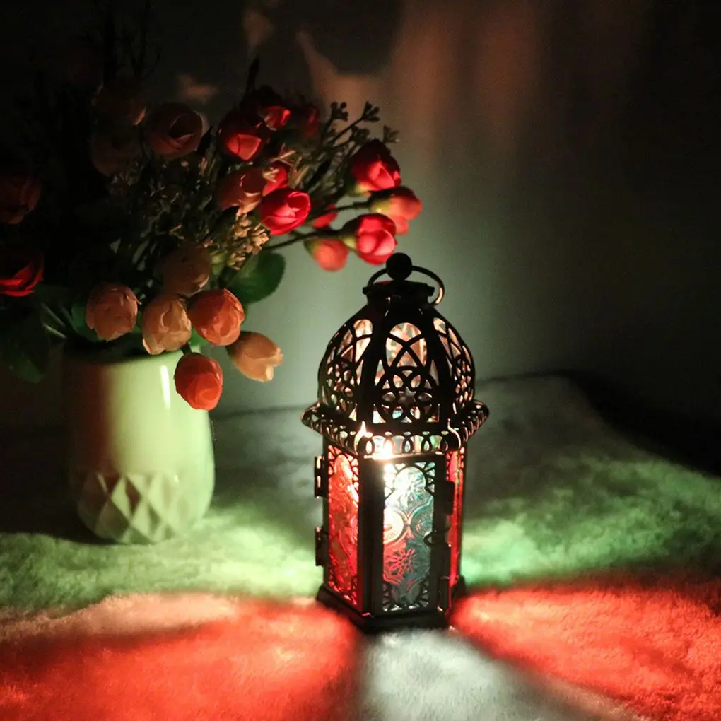 Glass Crystal Moroccan Candlestick Metal Hollow Candle Holder Home Coffee Shop Decoration Iron Hanging Candle Lantern