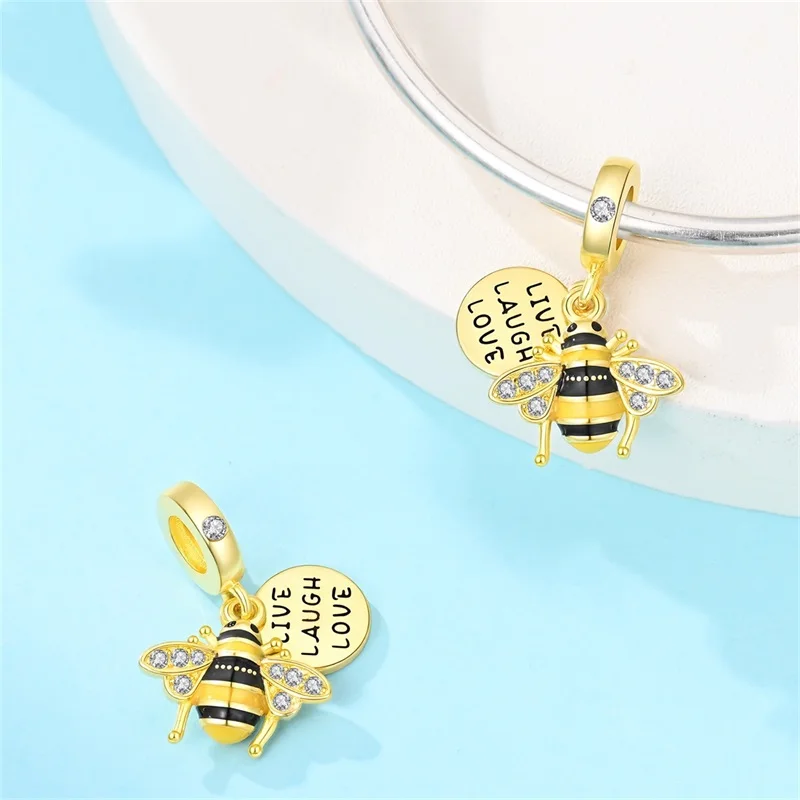 

2026 New 925 Sterling Silver Golden Bee Charms Pendant For Women Fit Original Bracelet DIY Birthday Party Jewelry Gifts