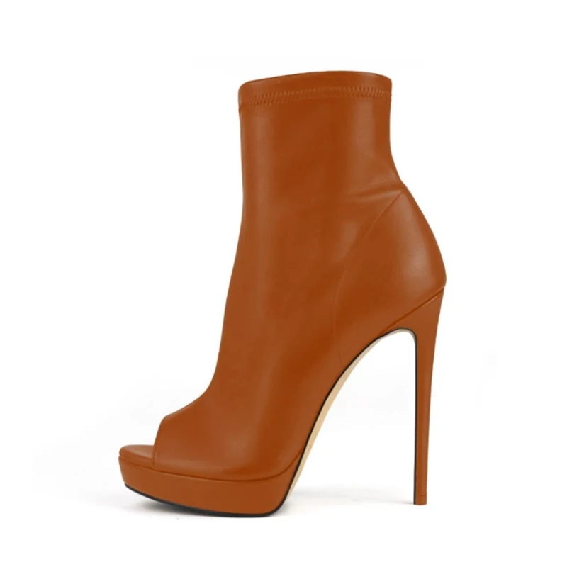 

Brown Matte Leather Stiletto High Heels Ankle Boots Slip On Peep Toe High Platform Women Short Booties Plus Size 46