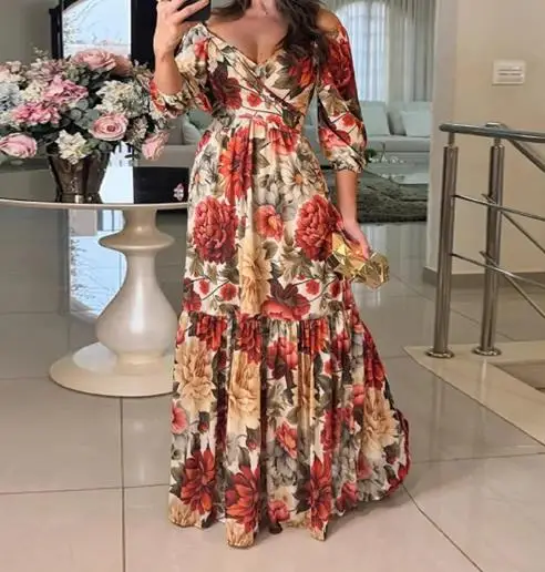 2025 Summer New Women's Fashion Elegant Printed Lace Up V-Neck Large Swing Dress