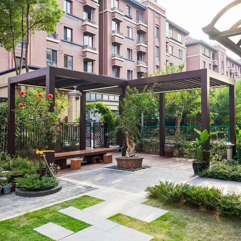 

Custom dimensions Aluminum Alloy Gazebo Landscape Courtyard Outdoor Wood Grain New Chinese Style Home Use Garden