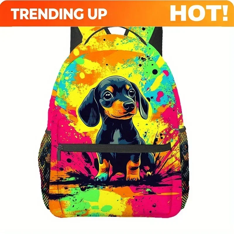 Custom Bag Vibrant Dachshund Print Backpack - Lightweight Polyester, Adjustable Straps, Zip Closure - Ideal For Hiking, Camping,
