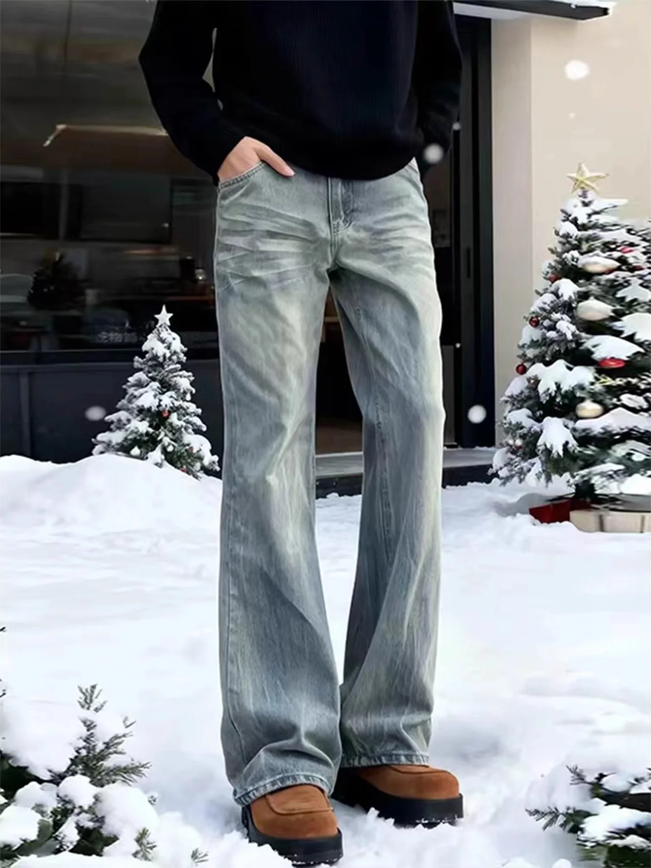 

Blue Explosive Lightning Pattern Jeans Men's Autumn Winter American Heavy Du Waed Micro Flared Straight Leg Slimming Pants