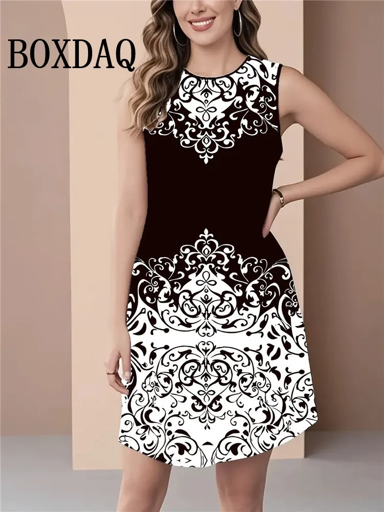 Abito con stampa geometrica della linea di moda Abito corto ampio senza maniche da donna Vestito estivo casual Pullover con o-collo Abito estivo con gilet femminile