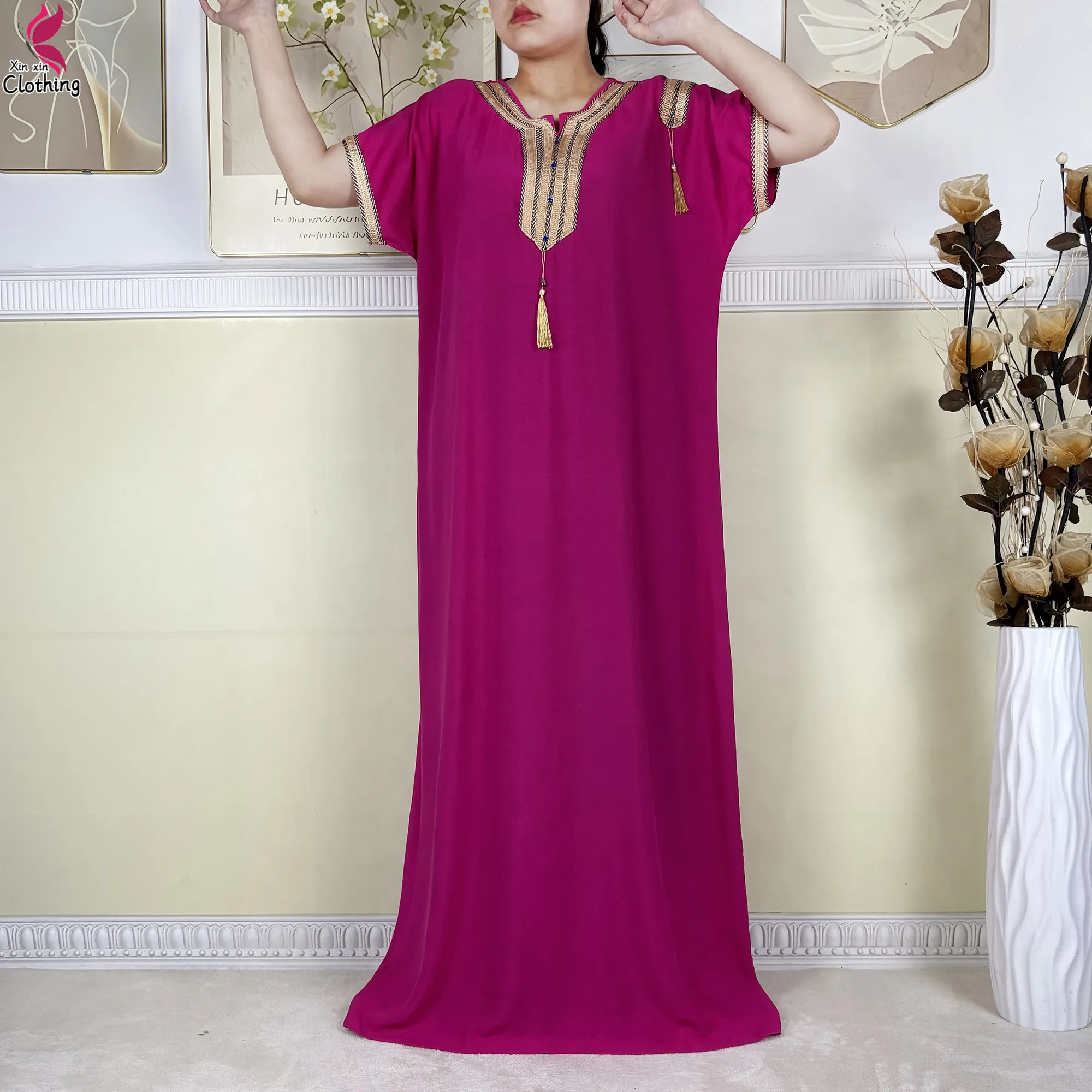2025 Muslim Caftan Short Sleeve Dress Solid Cotton Summer Abaya African Traditional Dresses Islam for Women Casual Clothing