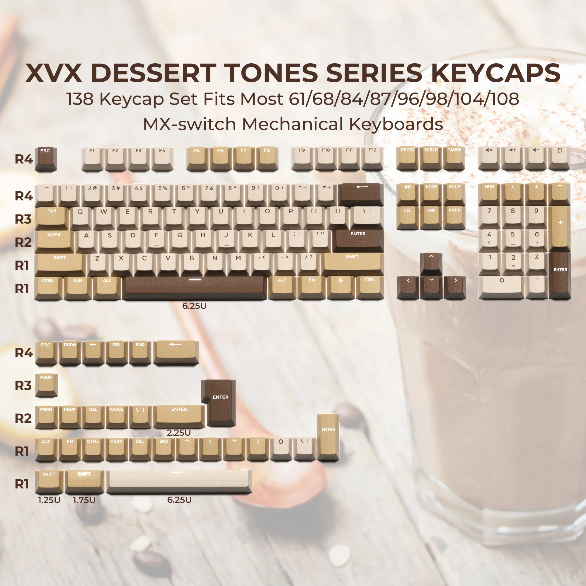 XVX Hazelnut Latte Keycaps Double Shot PBT Chocolate Keycap Brown Cherry Profile Not-backlit with Mattre Finish 138-key