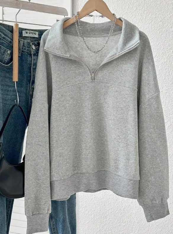 

Women's Hoodie Autumn/winter 2025 Zipper Collar Long Sleeved Hoodie Loose Pullover Hoodie Simple Casual Comfortable Hoodie