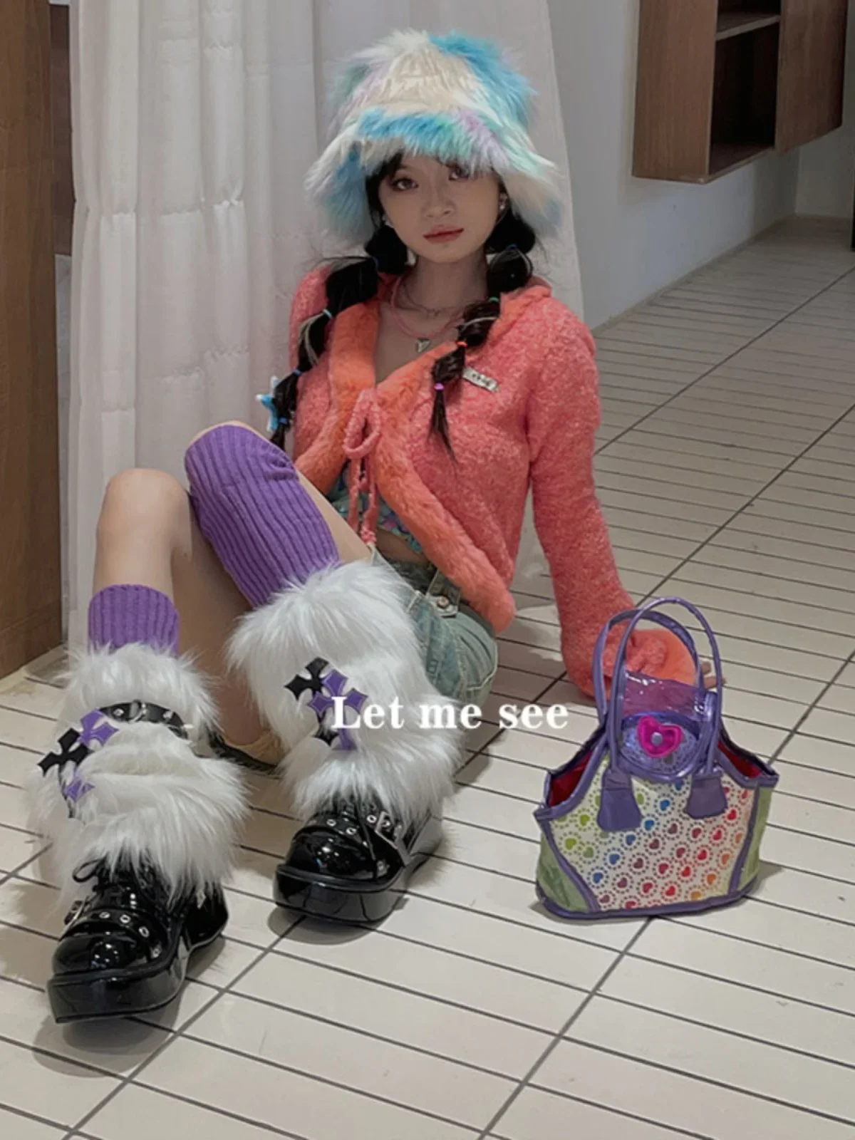 Y2k  Leg Socks Pink Harajuku Subculture 3 Piece Sets Leg Warmers Rivet Belt Plush Knit Socks Japanese Style Leg Covers