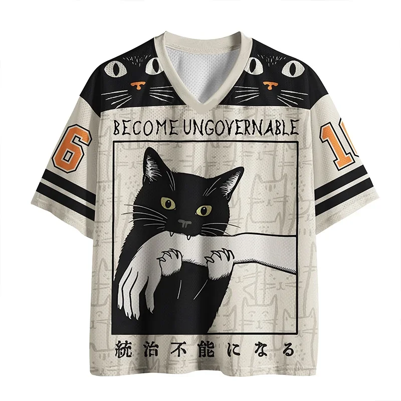 Erwachsenen- und Kinder-Version des 3D-gedruckten Sport-T-Shirts „Rebellious Black Cat“ mit dem Vintage-Bestseller-Design „Uncontrollable“ und V-Ausschnitt und kurzen Ärmeln – Detail 3
