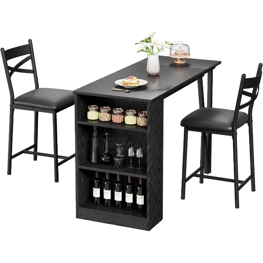 Bar Table set: 3-piece extendable dining table with chairs, PU-cushioned black finish, space-saving design with storage shelves