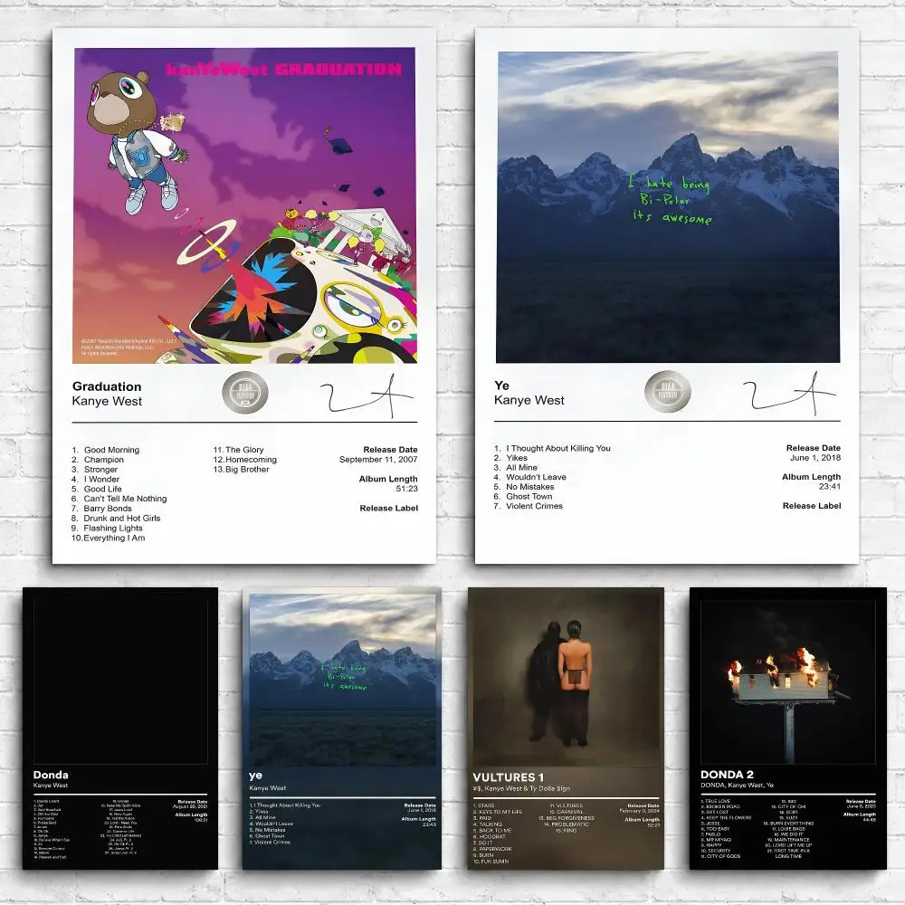 Rap Album K-Kanye W-West Framed Wall Painting Canvas Poster Ready to Hang Wall Art for Bedroom Living Room Home Decor Gift