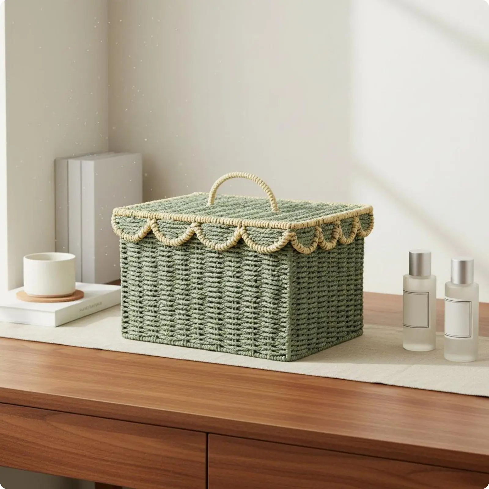 Paper Rope Basket Dust Protection Lidded Storage Box Space Saving Braided