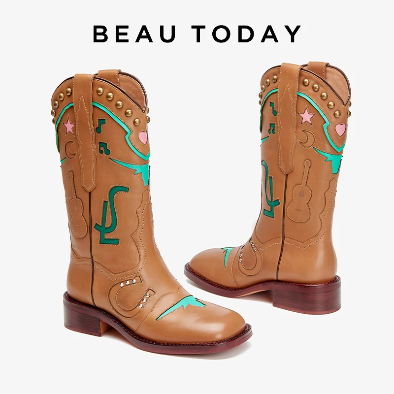 BEAUTODAY Fashion Boots Women Genuine Cow Leather Niche Individual Colorful Ladies Shoes Handmade 01475