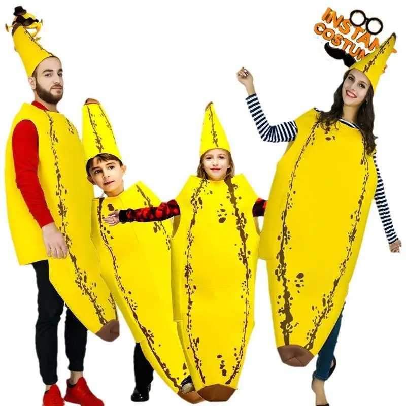الكبار والأطفال لوين مضحك تأثيري الموز البدلة الوالدين والطفل الزي أداء الزوجين كرنفال الفاكهة زي