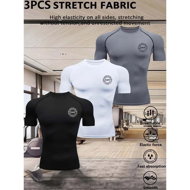 3PCS Men's Compression Quick-Dry Short-Sleeve T-Shirt with DAN Logo – High-Elastic Moisture-Wicking Breathable Fitness Top