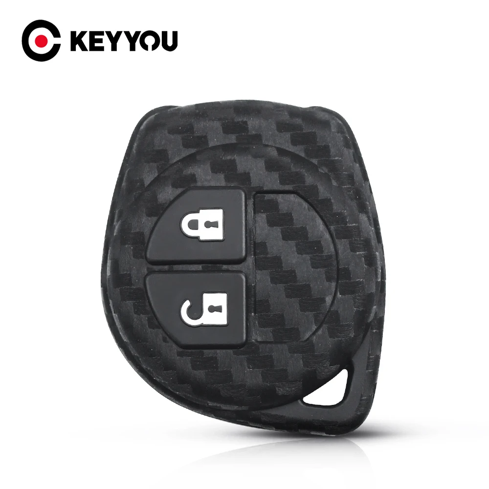 KEYYOU Carbon Fiber Silicone Rubber Fob Case 2 Buttons Car Remote Key Keychain Cover For Suzuki SX4 Swift Vitara Key Accessories