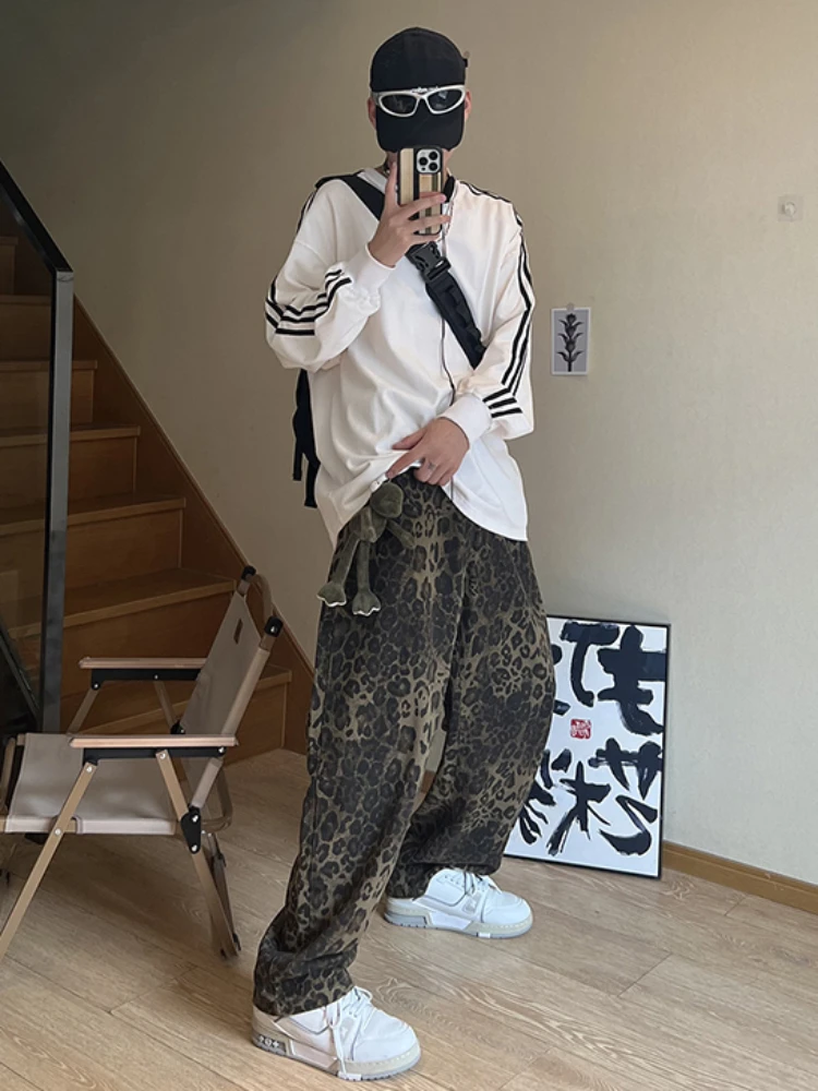 Leopard Jeans Männer Volle Länge Baggy Gemütliche Mode Streetwear Hip Hop Europäischen Stil Hipster Chic Persönlichkeit Retro Minderheit Ins