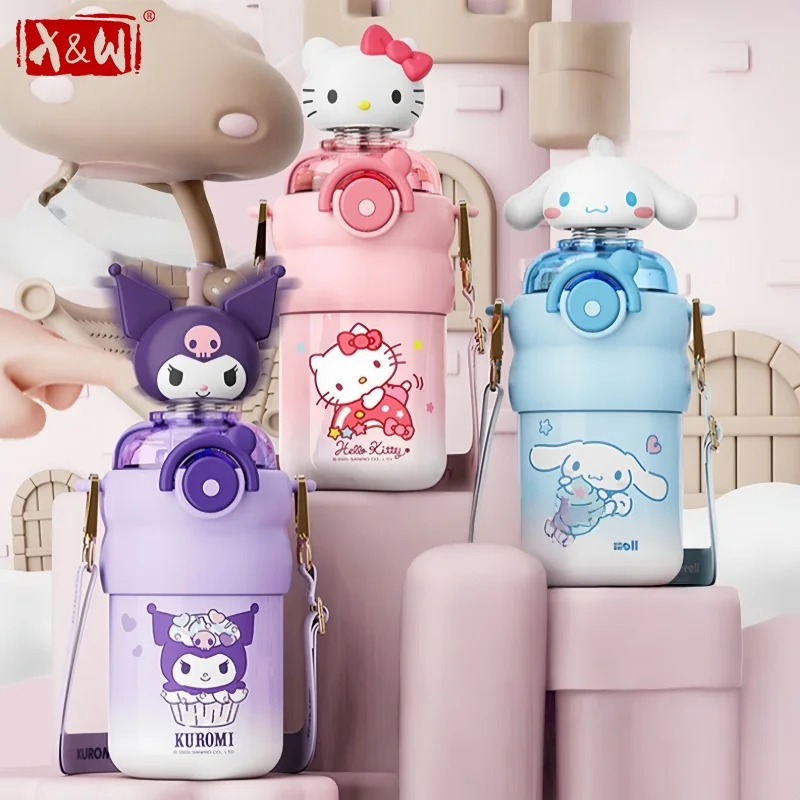 X&W Sanrio Kinder-Thermosbecher, Cartoon-Hello-Kitty-Isolierflaschen, Edelstahl-Wasserflasche mit niedlichem Puppendeckel, Reise-Wasserbecher