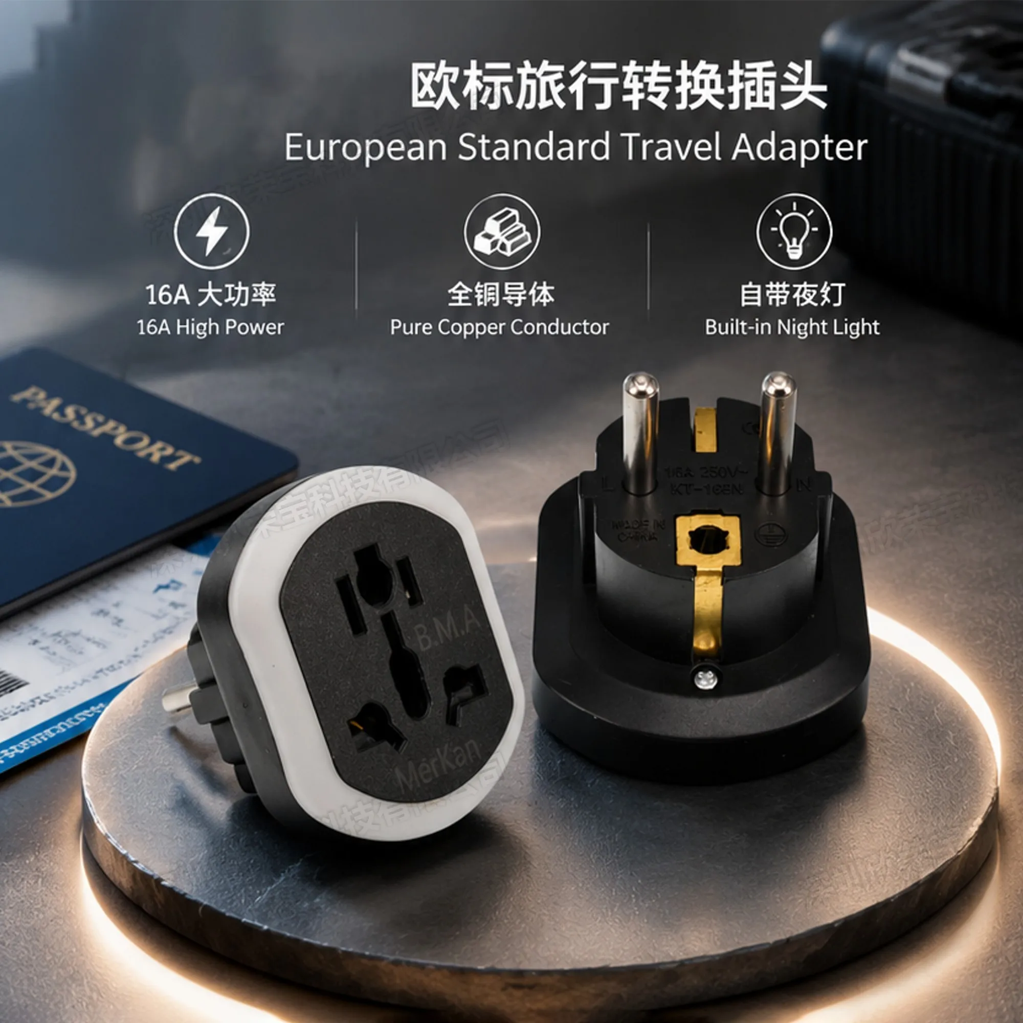EU Type F Schuko Travel Adapter Universal Socket with Night Light for South Korea,Russia Germany France Spain Laptop Phone16A ce