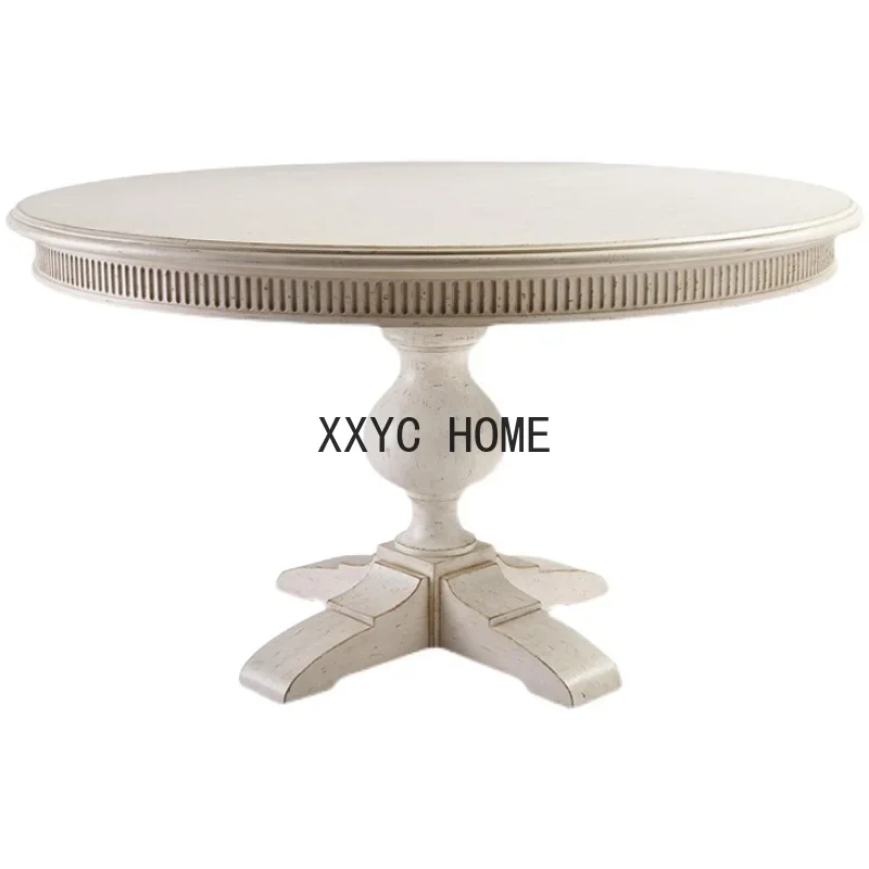

American Country Solid Wood Dining Table and Chair round Table French Retro White as Old round Small Apartment Dining Home