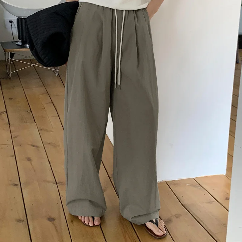 

70% Cotton Straight Wide-leg Casual Pants Women's 2024 Autumn New Elastic High-waisted Lace-up Trousers