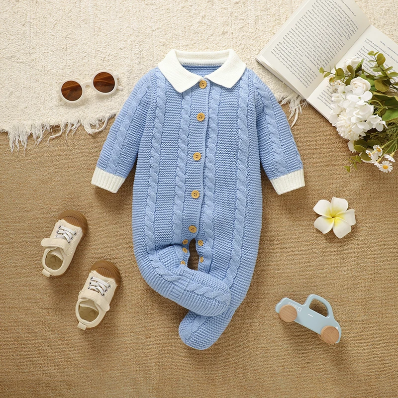 

Newborn Baby Romper Knitted Infant Kid Clothes 0-9M Fashion Solid Overalls Warm Playsuit Girl Boy Jumpsuit Long Sleeve Foot Wrap