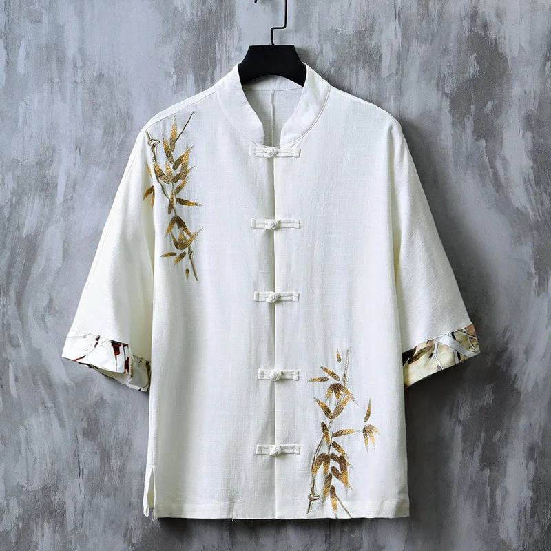 النمط الصيني تانغ البدلة القمم Hanfu التطريز أوراق الخيزران قميص فضفاض عادية القطن الكتان نصف كم معطف الملابس الشرقية 6XL