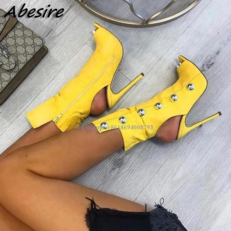 

New Solid Yellow Boots Rivet Peep Toe Stilettos Cut Out High Heel Boots White Black Women Boots Shoes For Women Zapatos Mujer