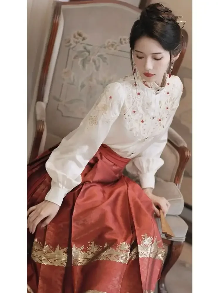 Oversized Chinese Hanfu Shirt and Horse Face Skirt Set Women\'s Clothing Plus Size High End Shirt Red Gold Horse Face Skirt Set