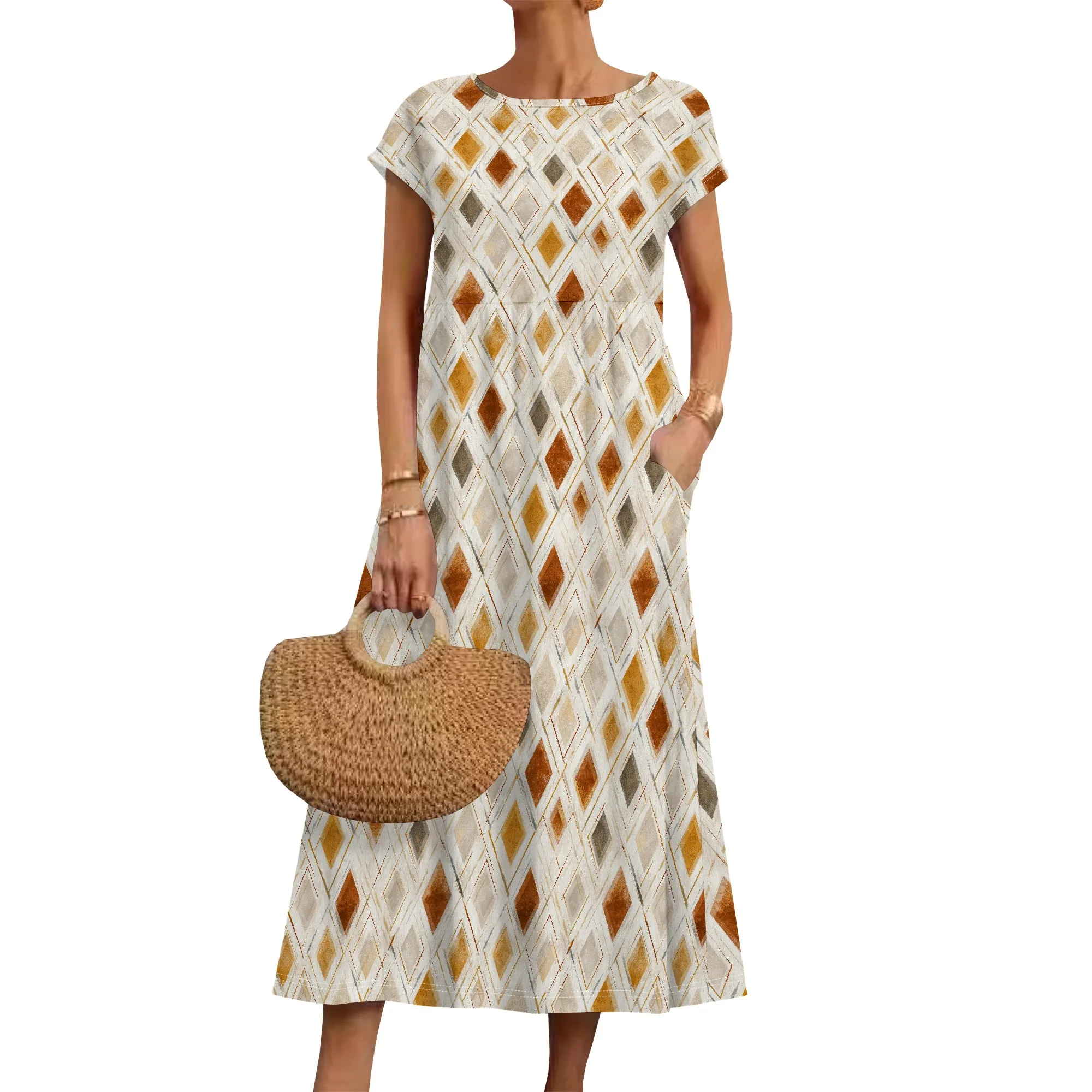 فساتين ماكسي نسائية بوهو ملونة بياقة دائرية وطبعة زهور فستان شاطئ صيفي كاجوال بأكمام قصيرة مع جيوب 2025