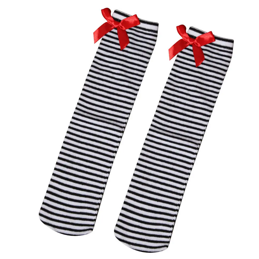 1Pair Girls Kid High Socks Striped Bow Knee Stockings Over The Knee Thigh Socks Black White 1-8 Year-Old Kids Thick Warm Cotton