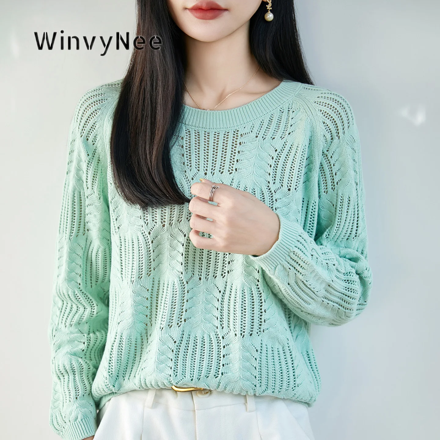 Женский джемпер WinvyNee, 100% хлопок, круглый вырез, ажурная вязка, свободный крой, универсальный, мягкий, дышащий, стильный повседневный предмет одежды ZA1092032
