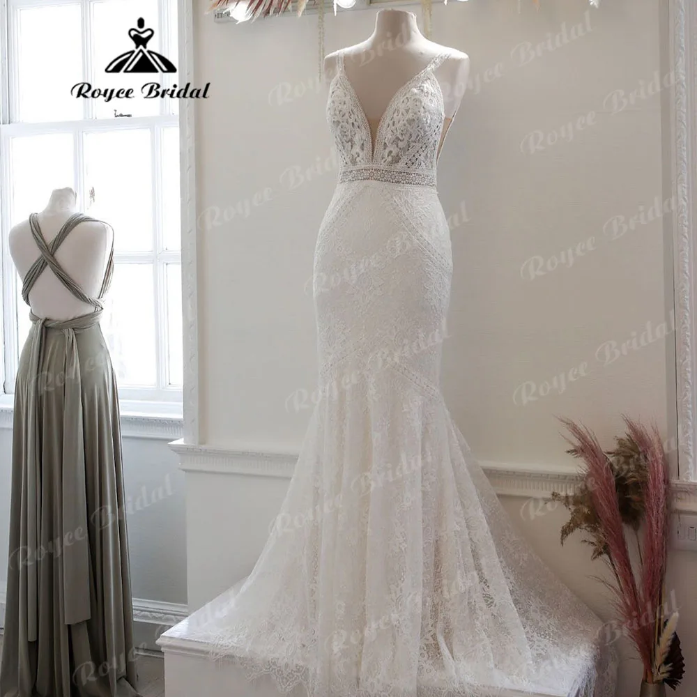 Sexy Boheme Plunging Lace Boho Mermaid Wedding Gown V Neck 2024 Sleeveless Spaghetti Straps Bridal vestido de boda corte sirena