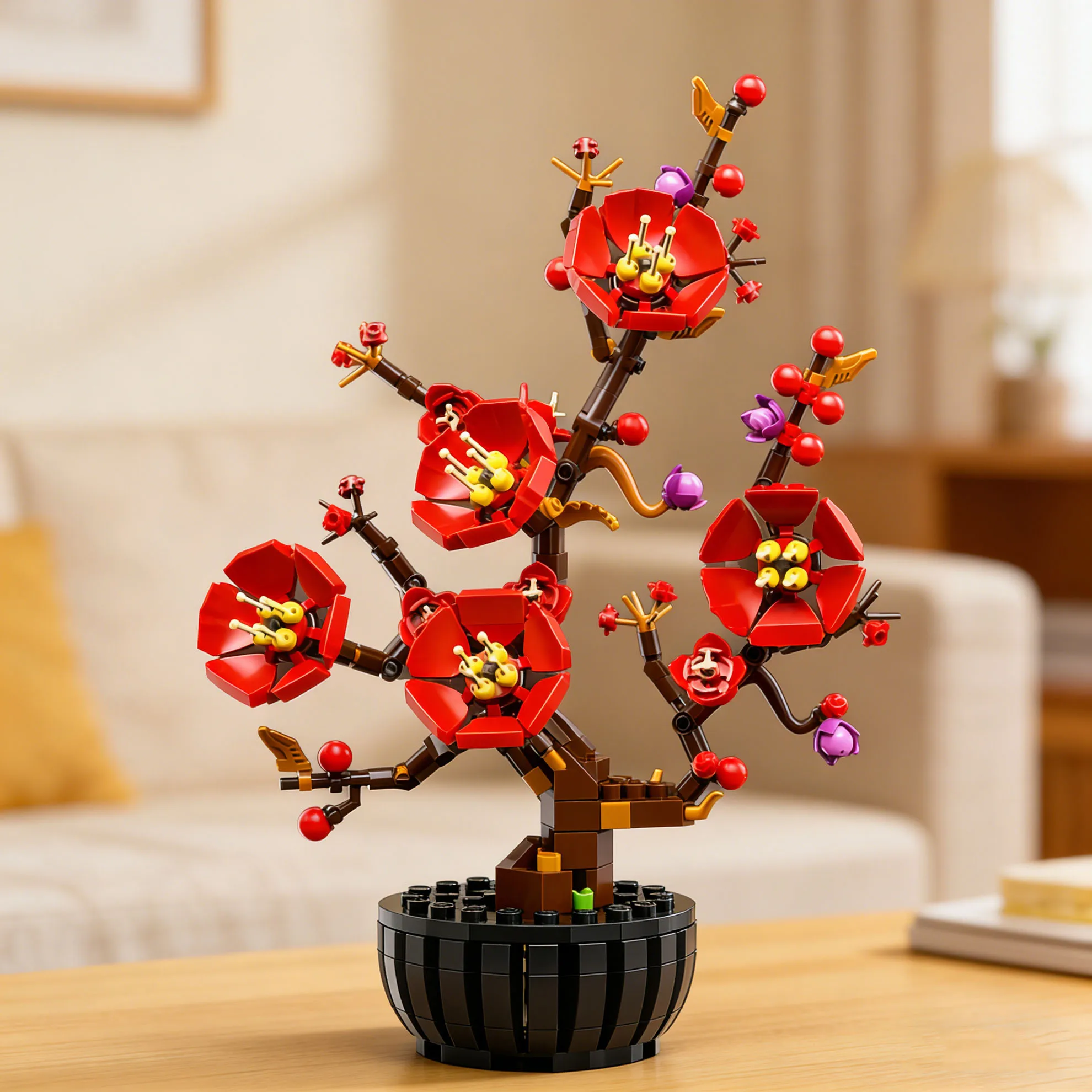 Bloques de montaje Lucky Red Plum, bloques de construcción de ramo DIY con florero, bloques de construcción de plantas simuladas hechos a mano, decoración de habitación que mejora el ambiente, bloques de montaje DIY, pequeños adornos de escritorio, excele