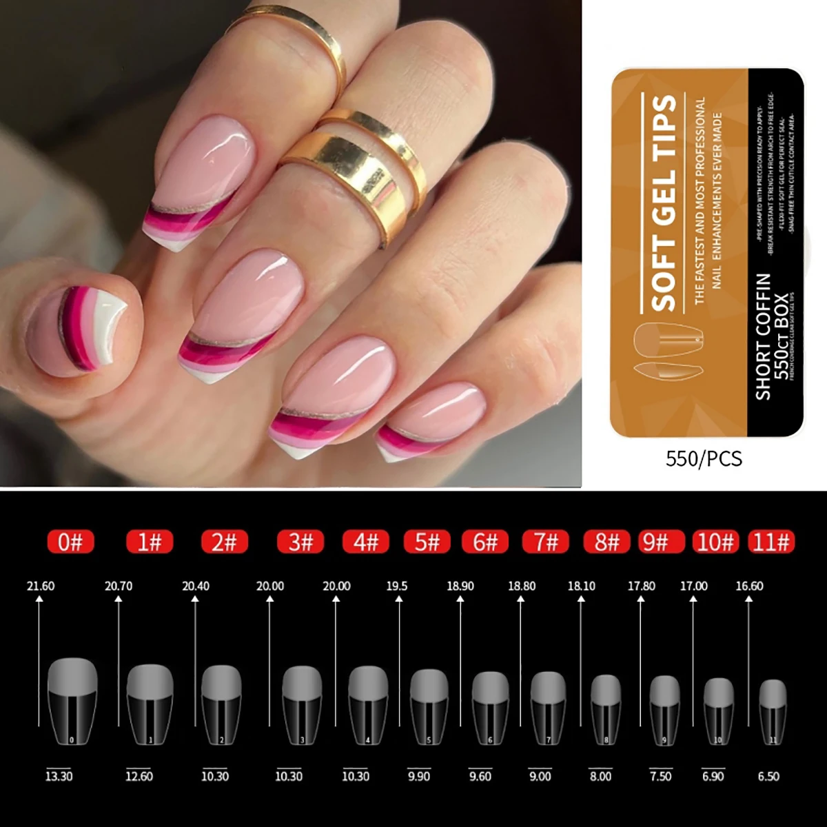 550 Stück Sargförmige Mandel-Soft-Gel-Nagelspitzen, künstliche halbe Abdeckung zum Aufdrücken, Acrylnägel in 11 Größen, künstliche Nägel, DIY-Maniküre-Verlängerungswerkzeuge – Detail 13