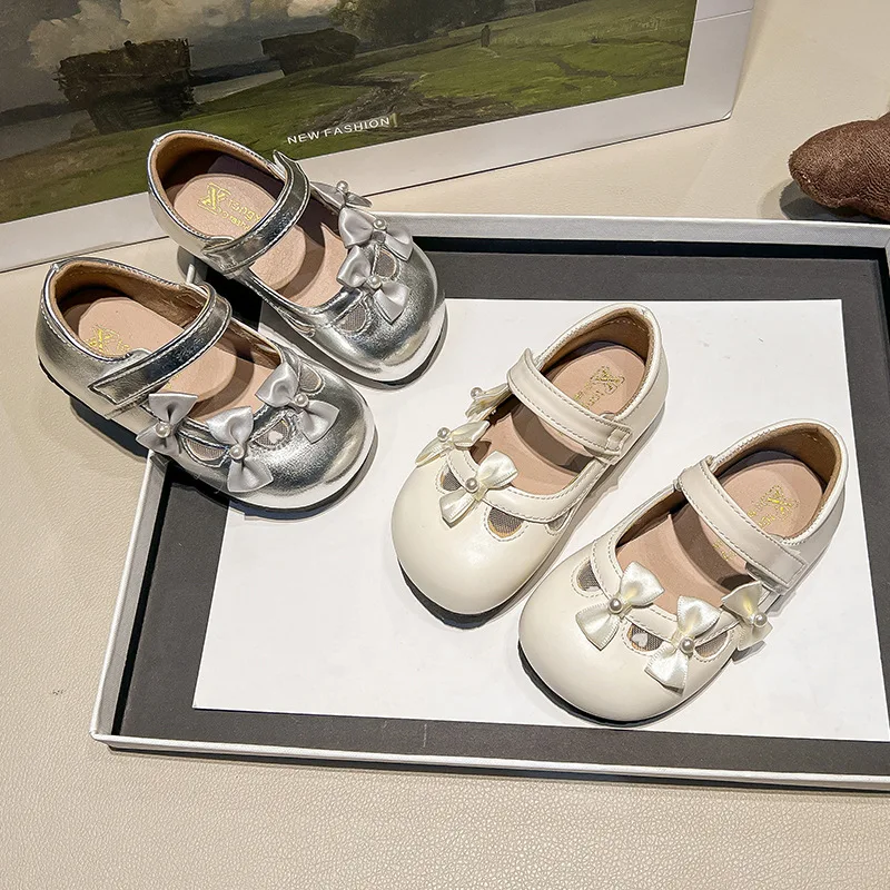 

Spring Autumn Cute Little Bow Silver PU Leather Shoes Children Soft Sole Light Mouth Kids Sweet School Student Loafer