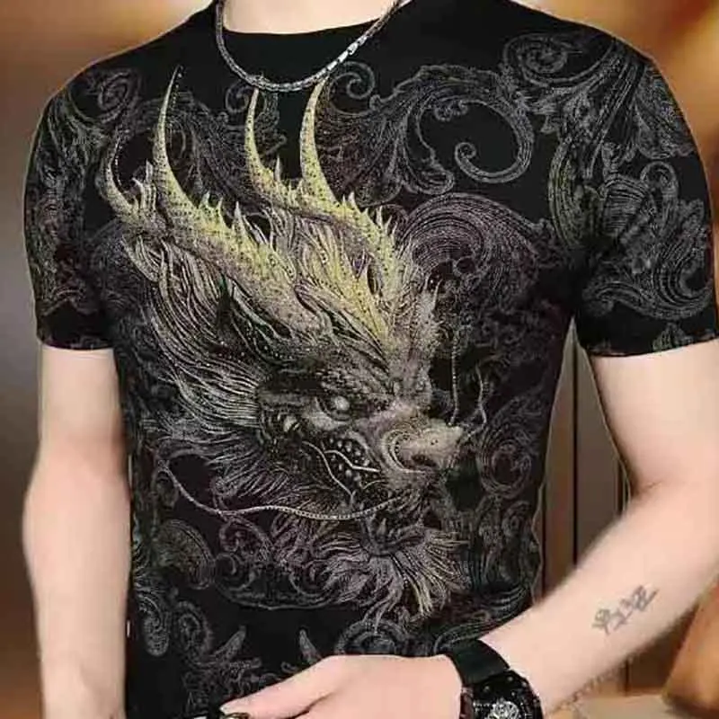 Europe and America 2024 Summer New Men\'s Round Neck Slim Short Sleeve T-Shirt Printed Top