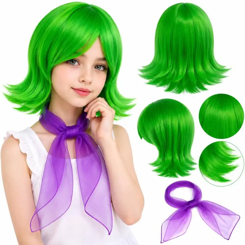 Girls Bright Green Short Cosplay Wig Synthetic Heat Resistant Hair Wigs Side Fringe Halloween Carnival Fancy Dress Costume Wigs