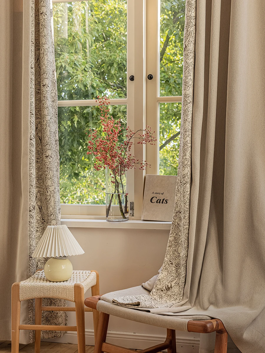 American Pattern Milk Tea Color Jacquard Thickened Chenille Patched Curtains for Living Room Bedroom French Window Customized