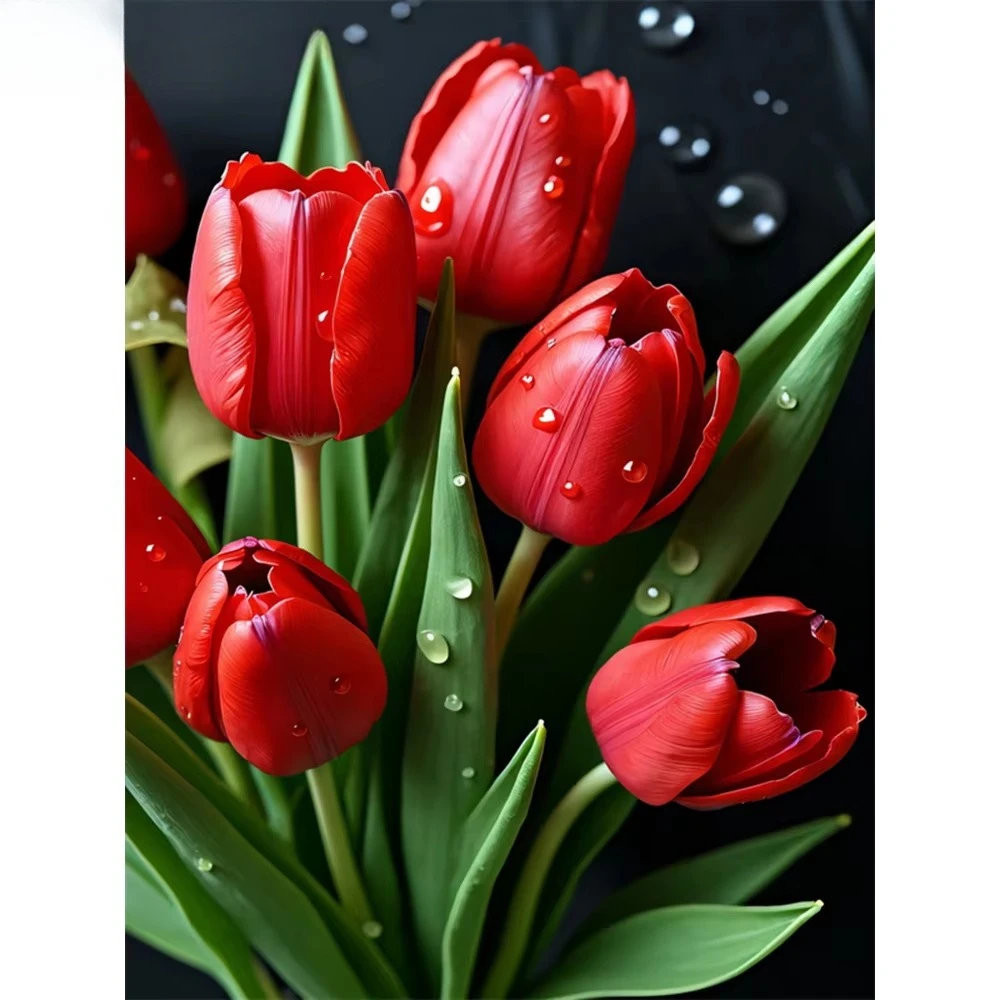 Home Decor Tulip - 赤いチューリップの花柄アートシーンダイヤモンドペインティングキット、家の壁の装飾用、光沢のある樹脂ビーズ、フルドリルモザイク刺繍セット